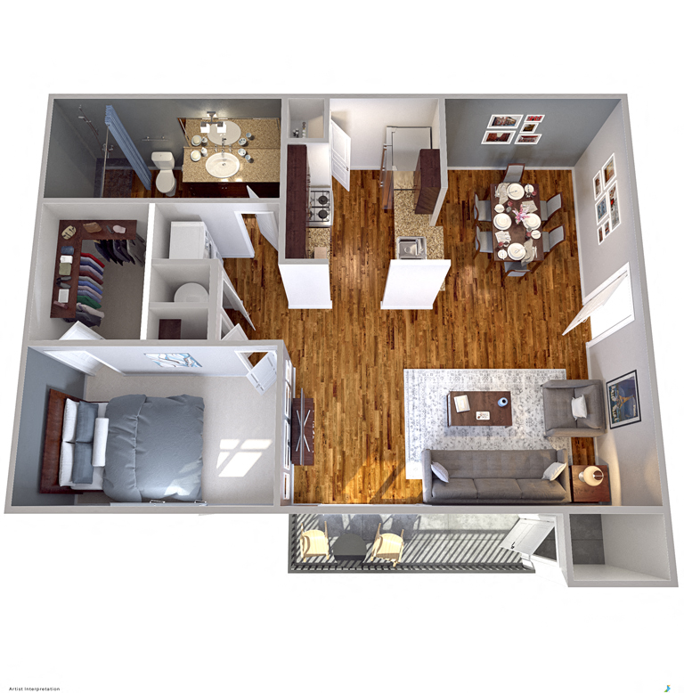 Floor plan for 1 bed, 1 bath, 650 sqft